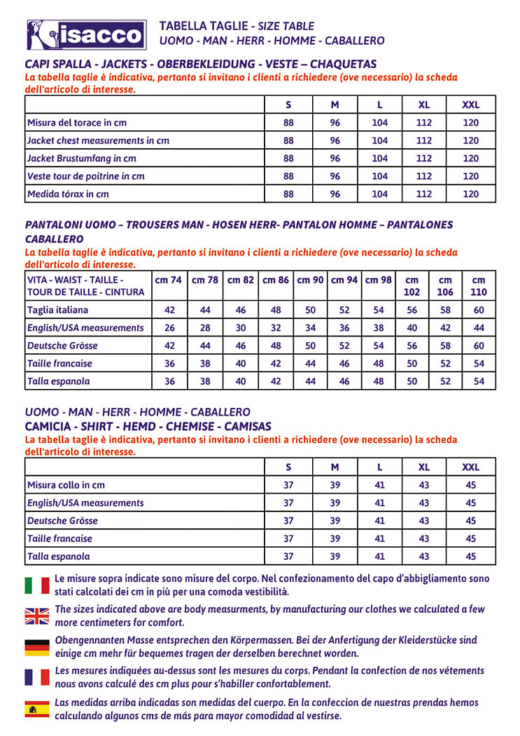 ISACCO MEDICAL TABELLA TAGLIE UOMO Vpoint Abbigliamento Professionale